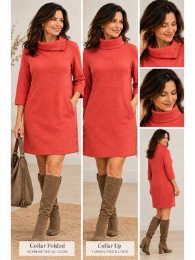 iRoo Wool Blend Dress EU 40 US M Coral Funnel Neck Shift Minimalist Quiet Luxury